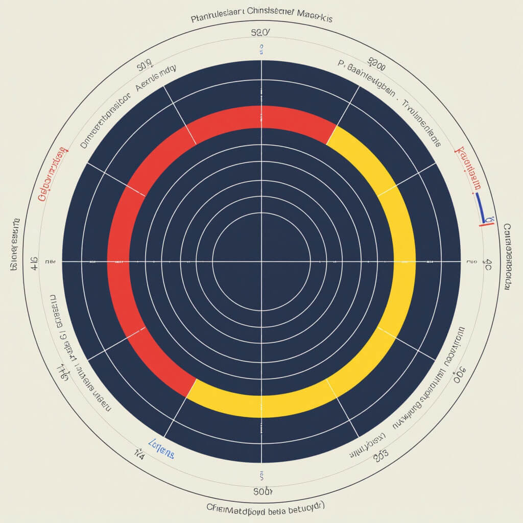 Detailliertes Diagramm einer planetarischen Zeitleiste mit konzentrischen Markern und Zeitachsen; nüchterner, wissenschaftlicher Stil; Akzente in Rot, Blau und Gelb